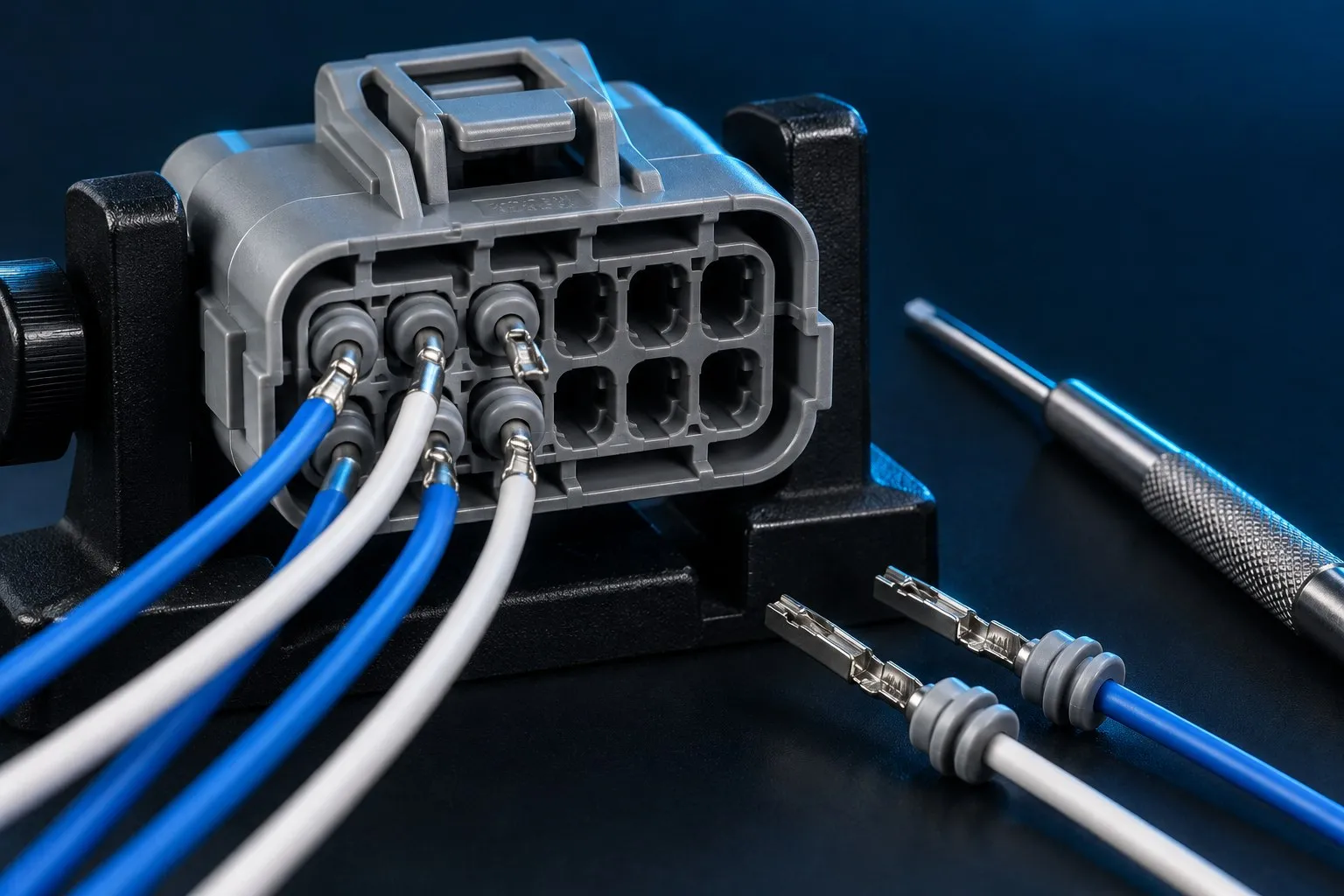 Contatti crimpati inseriti nel retro di un connettore stagno grigio