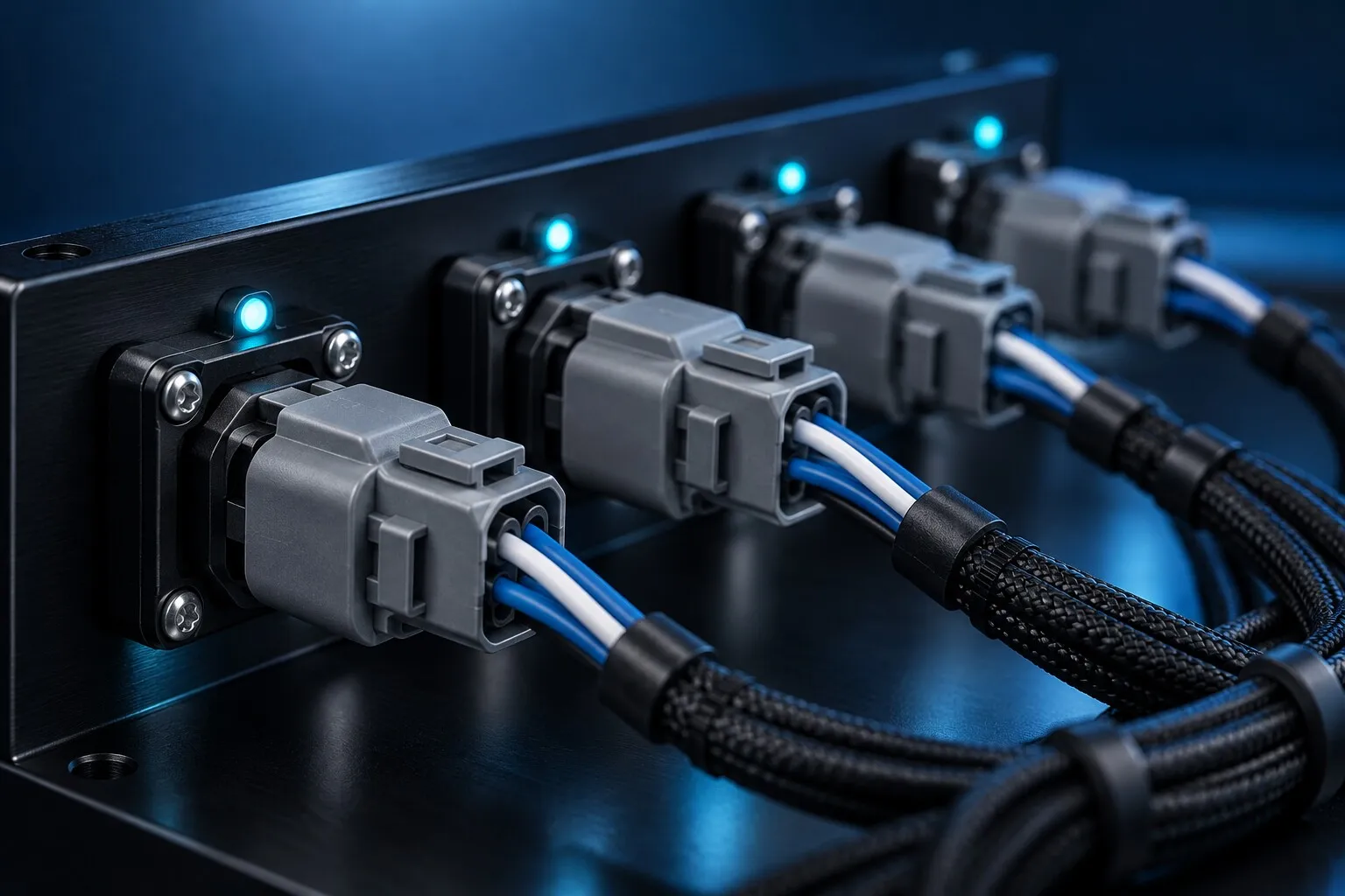 Connectors plugged into a test board with the indicator lights on