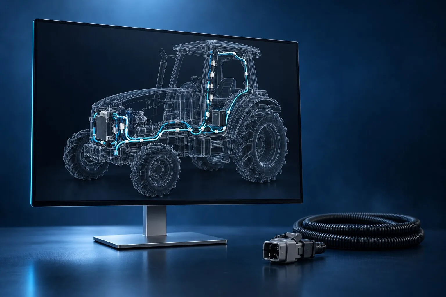 Monitor showing the 3D model of the harness inside a tractor frame