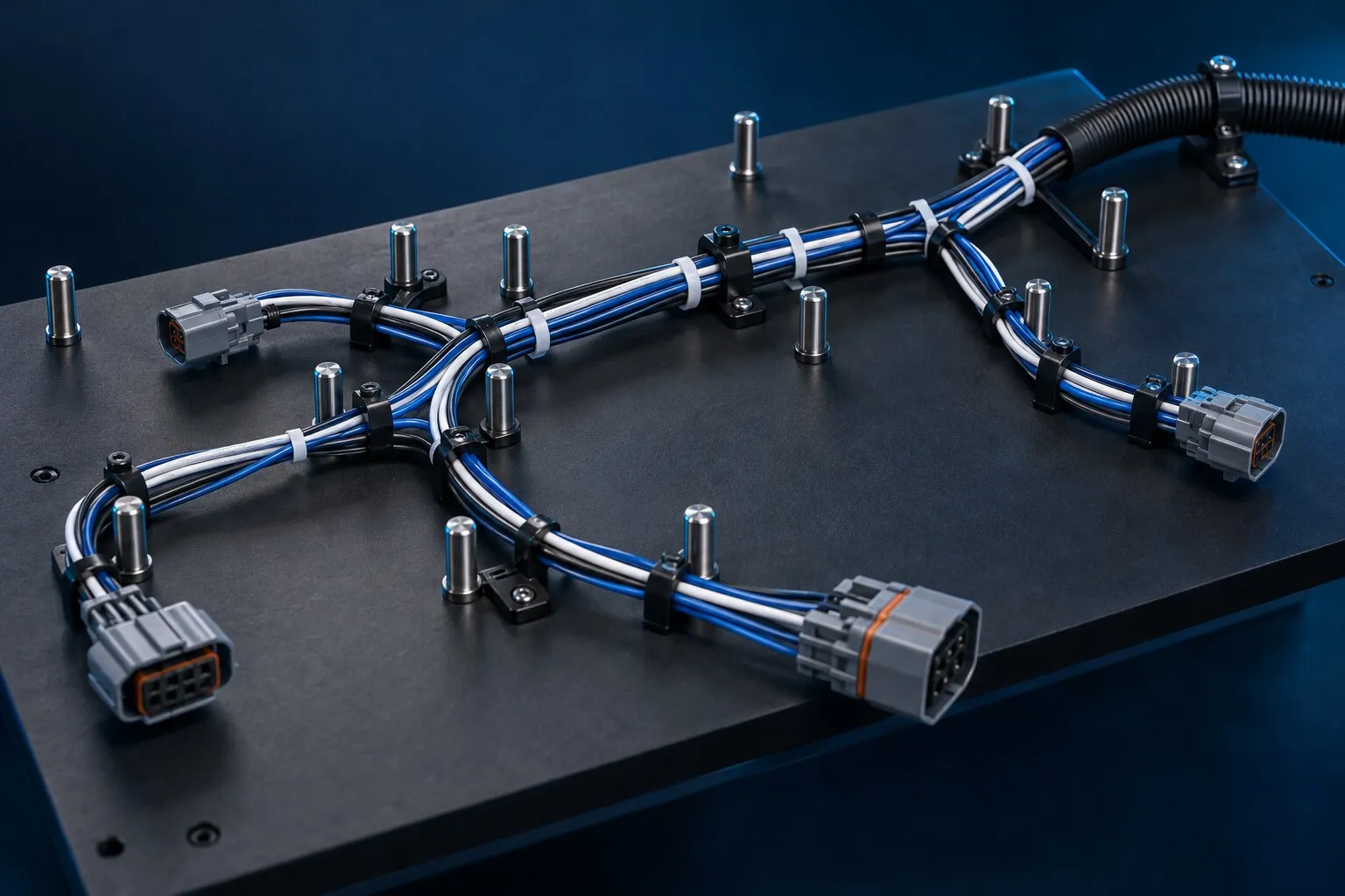 Harness prototype on the assembly board, among pegs and cable ties