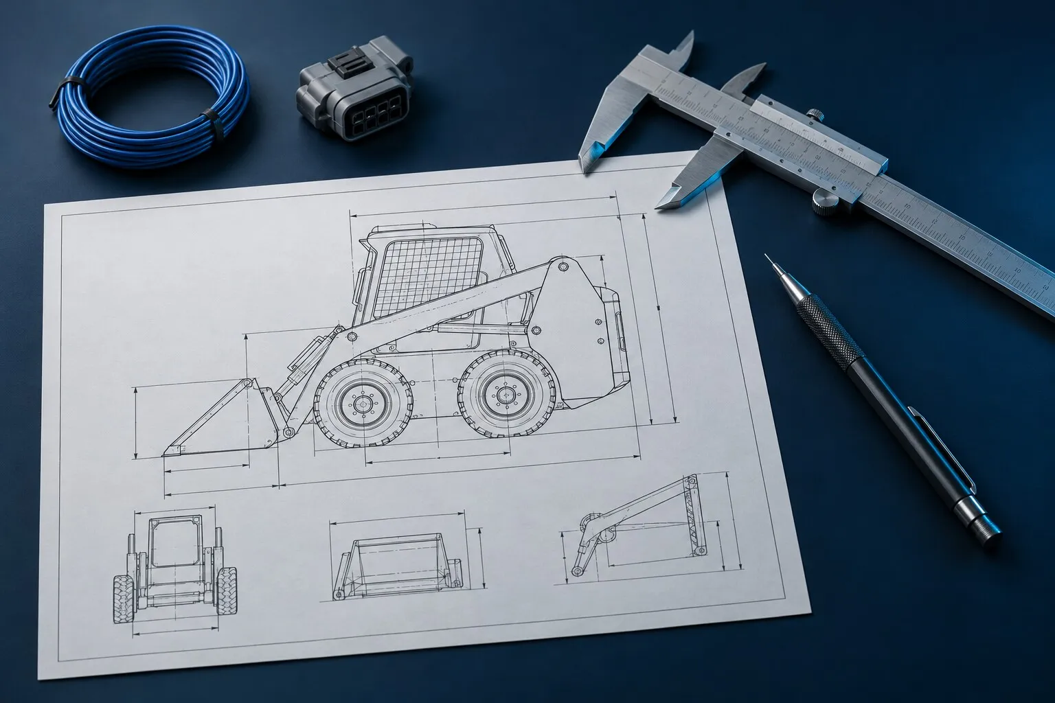 Technical drawing of a compact machine with calipers, a pencil and a connector
