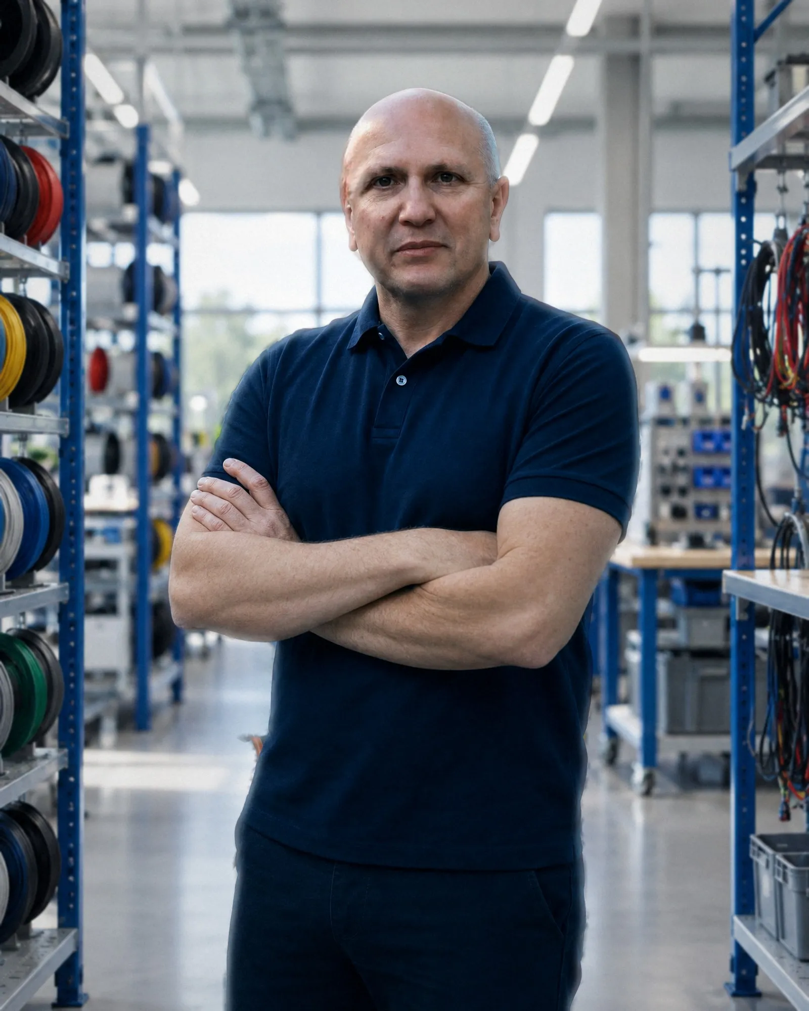 Paolo Brancasi, founder and owner of NonSoloCablaggi, with his arms folded in the workshop