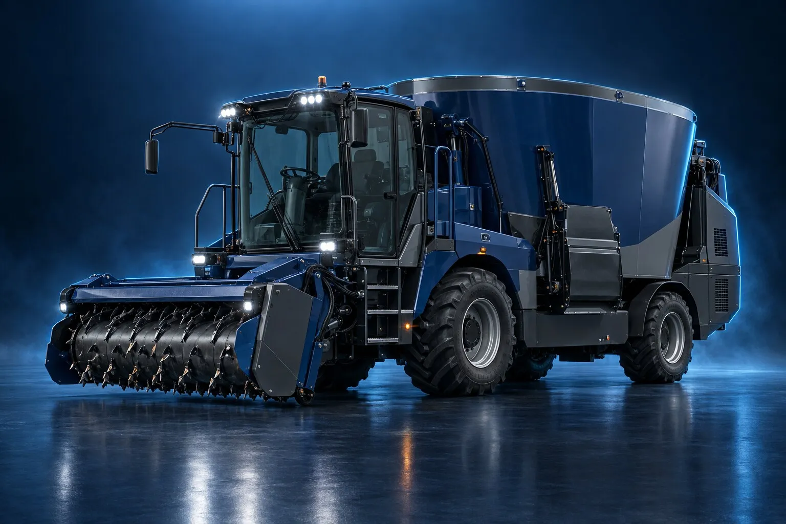 Self-propelled feed mixer wagon with a front cutter