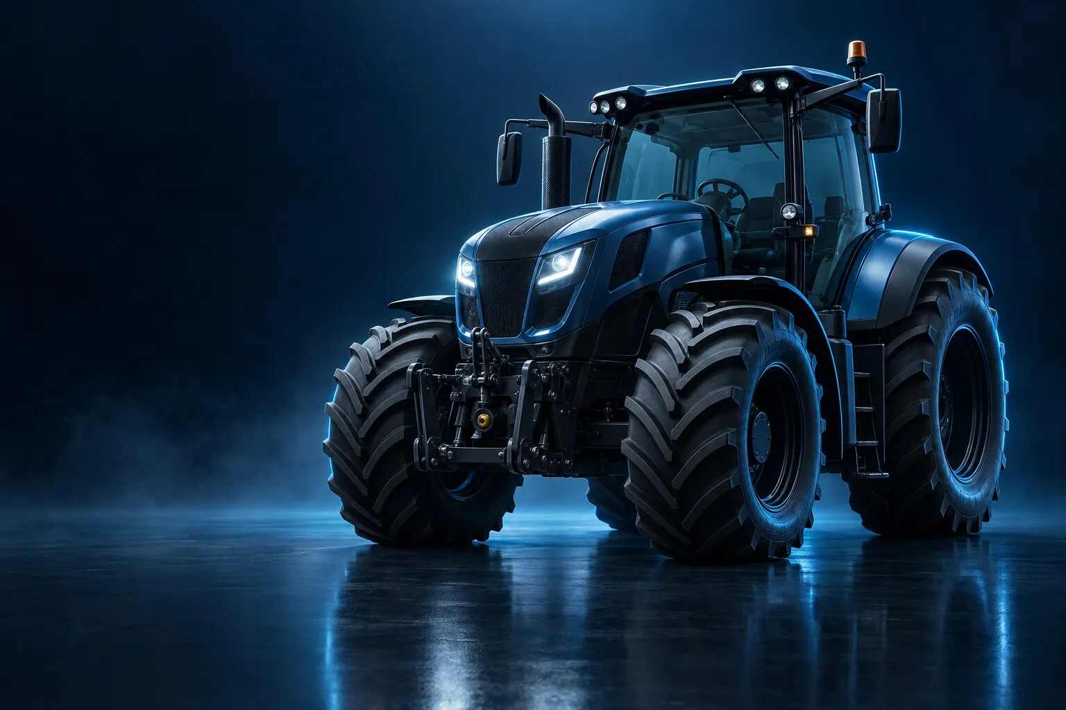 Farm tractor with its lights on