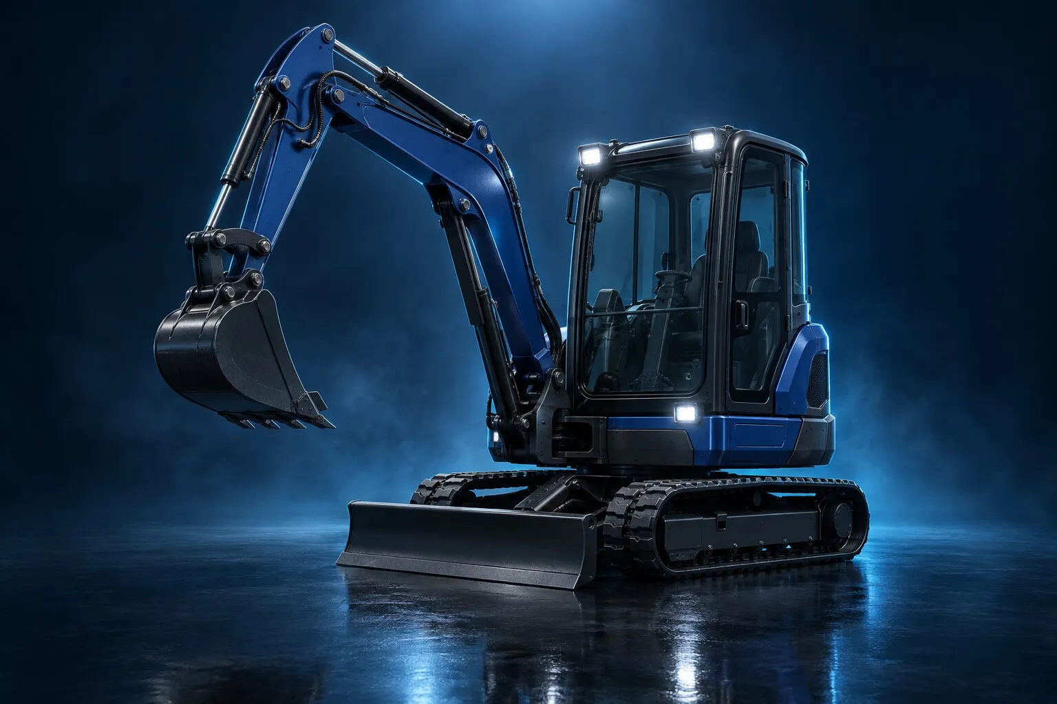 Tracked mini excavator with its work lights on