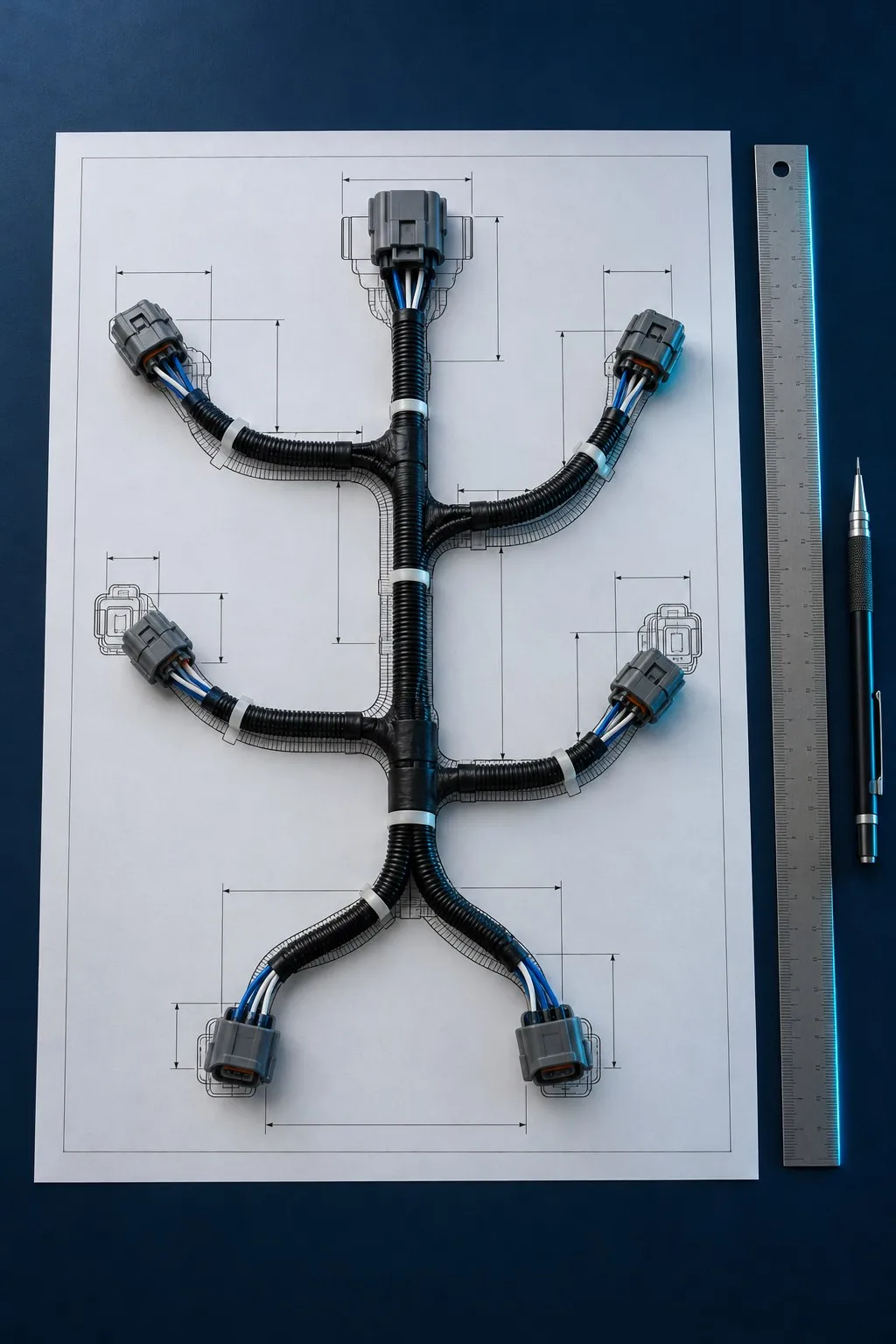 Technical drawing of a wiring harness layout, with the finished harness laid on top