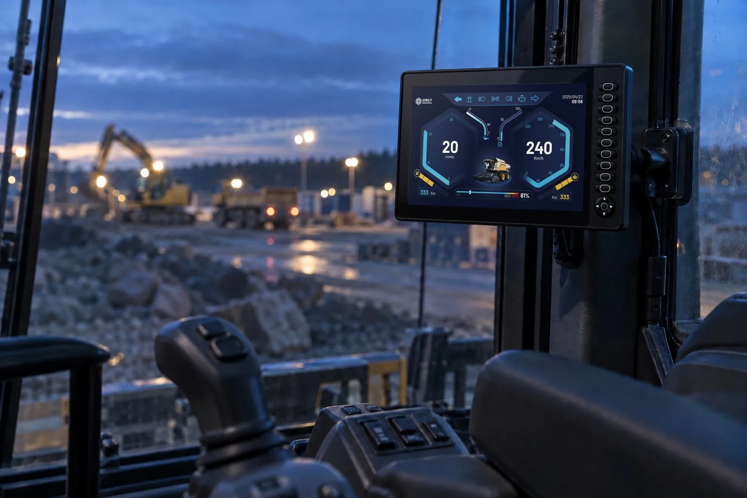 Cab of a working machine at sunset, with a 12.1″ SonnePower SPD-121-H1x display mounted on the pillar