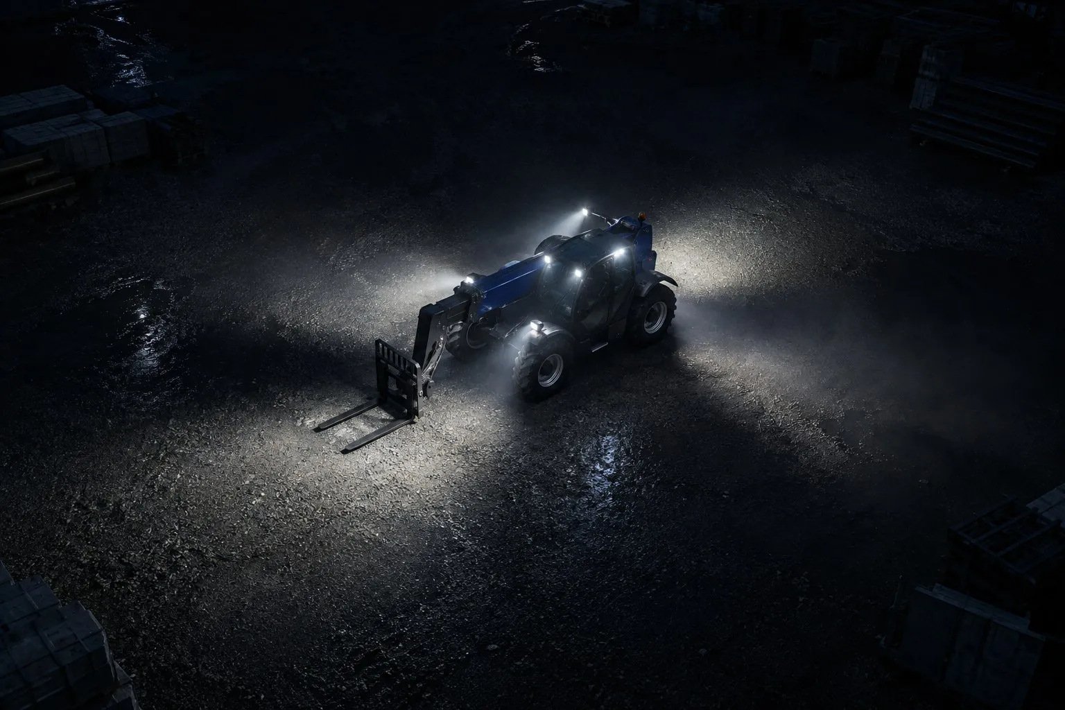 Telescopic handler at night, seen from above, with its work lights on all around the machine