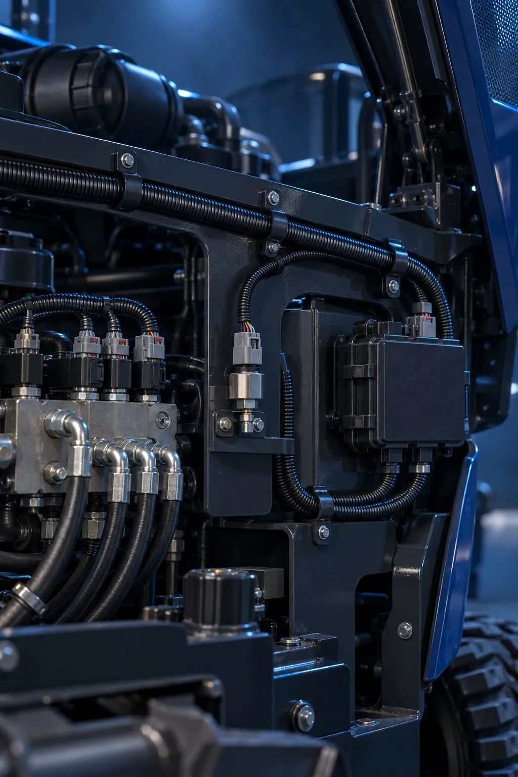 Wiring harness installed along the frame in the engine bay of a working machine