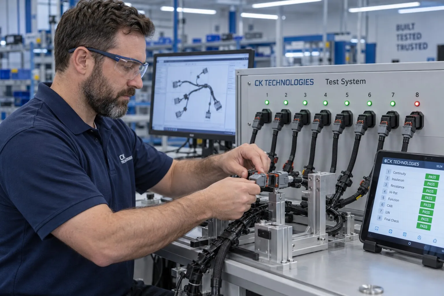 A technician plugging a connector into the CK Technologies test bench; the tablet shows a PASS result for every test